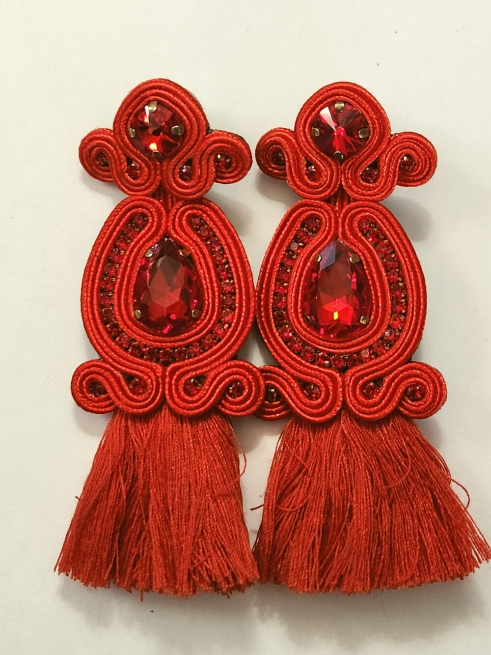 Handcrafted Red Soutache Tassel Statement Earrings Traditional Textile Art Boho